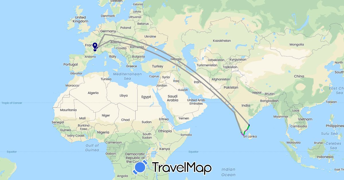 TravelMap itinerary: driving, bus, plane, train in Germany, France, India (Asia, Europe)