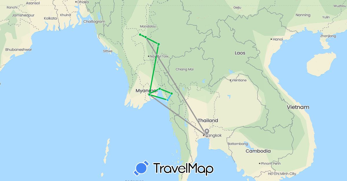 TravelMap itinerary: driving, bus, plane, boat in Myanmar (Burma), Thailand (Asia)
