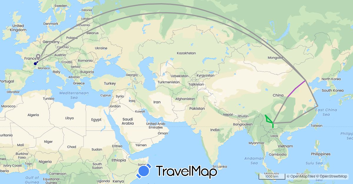 TravelMap itinerary: driving, bus, plane, train in China, Germany, France (Asia, Europe)