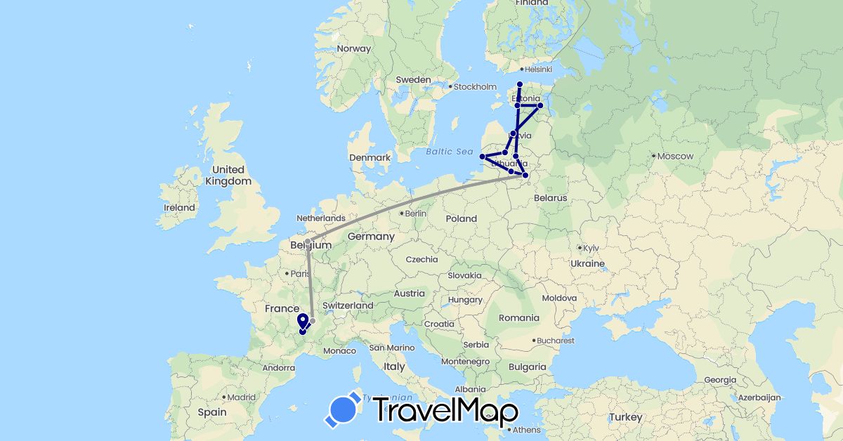 TravelMap itinerary: driving, plane in Belgium, Estonia, France, Lithuania, Latvia (Europe)
